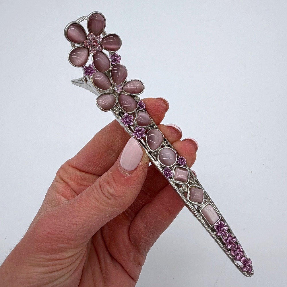 Lavender Floral Hair Clip Rhinestone Cat Eye Stone Vintage Style Barrette